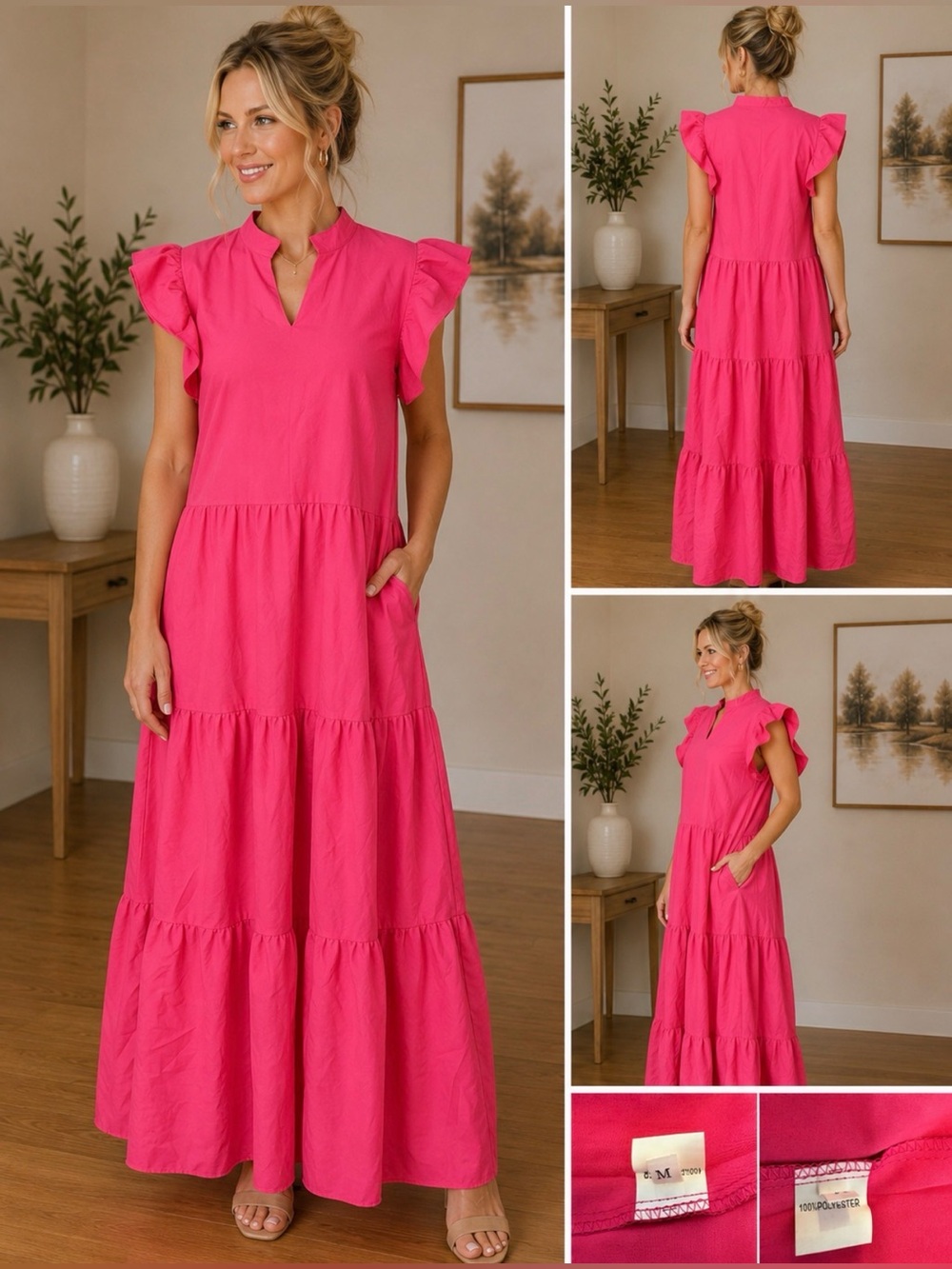 Hot Pink Tiered Maxi Dress Ruffle Sleeve V-Neck Size Medium - Picture 4 of 9